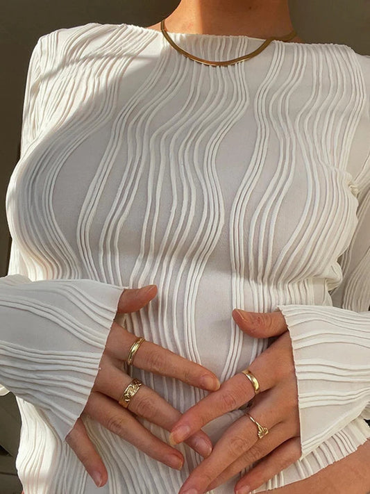 Spring Ruched Long Sleeve Elegant White Tops